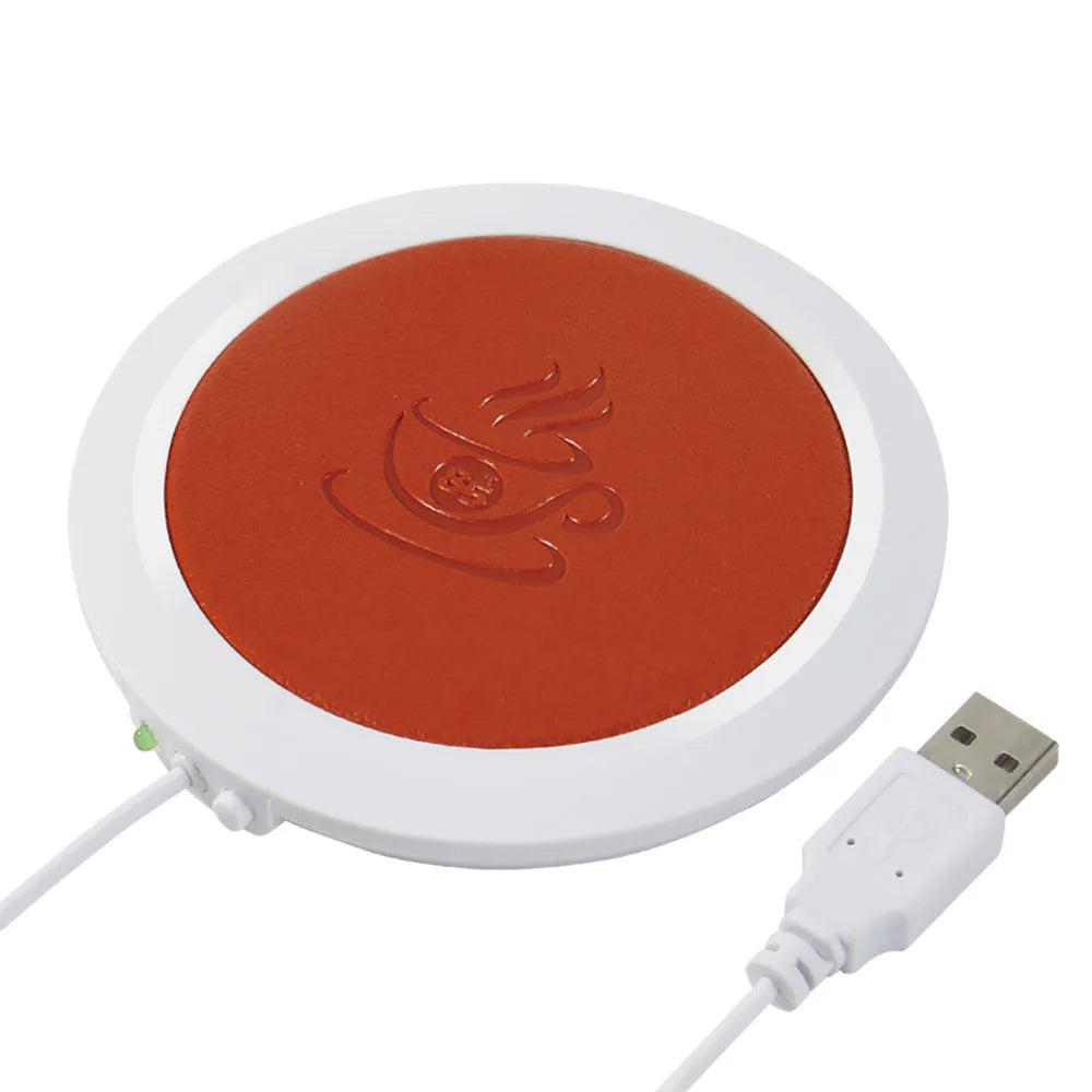 Black USB heating coaster for mugs with PU leather surface keeping drink warm