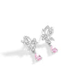 Close-up of women's butterfly stud earrings in sterling silver with clear rhinestone details.