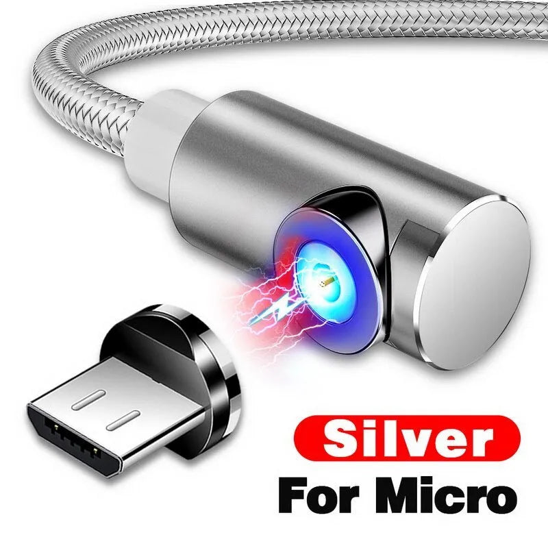 L-shape magnetic charging cable with aluminium housing in black, red, gold, or silver, showing Micro USB, Lightning and Type-C plug heads.