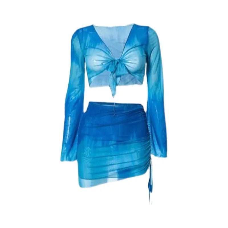 Blue high-waisted women's bikini four-piece set showing shirt, bra, underwear, and skirt.
