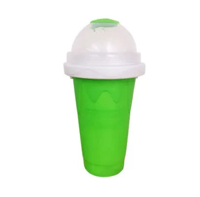 Blue double-layer silicone pinch cup for fast drink cooling, shown next to a smoothie.