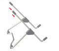 A grey aluminium alloy and plastic stand holding a mobile phone and a laptop at an adjustable angle.