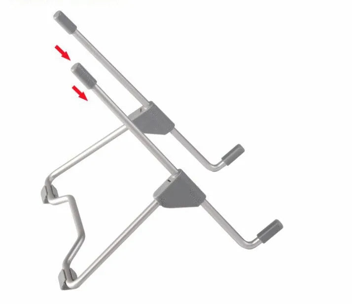 A grey aluminium alloy and plastic stand holding a mobile phone and a laptop at an adjustable angle.