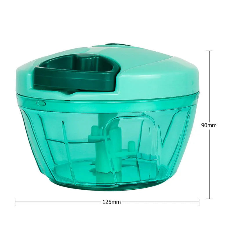 Green manual kitchen chopper shredder with three stainless steel blades and 500ml capacity container