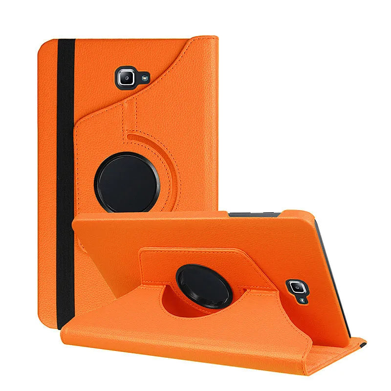 Rotating leather tablet case in clamshell design showing 360-degree mechanism and litchi grain texture