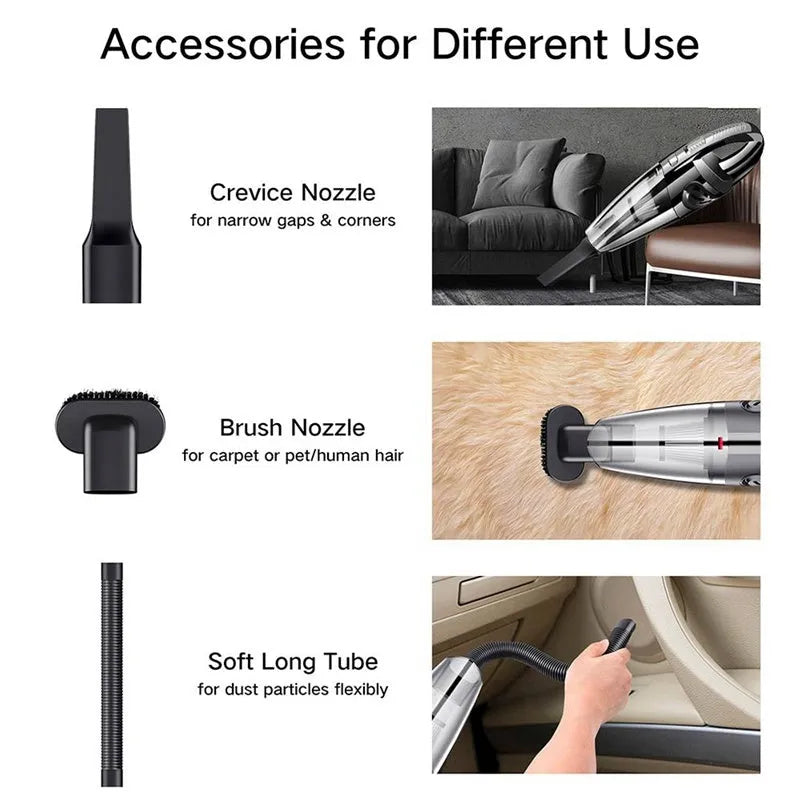 Black portable rechargeable car vacuum cleaner with 120W motor and 2200mAh lithium battery on a white surface