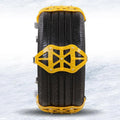 Three yellow snow tyre chains made of TPU and stainless steel, designed for car tyres 165mm to 265mm width, winter driving