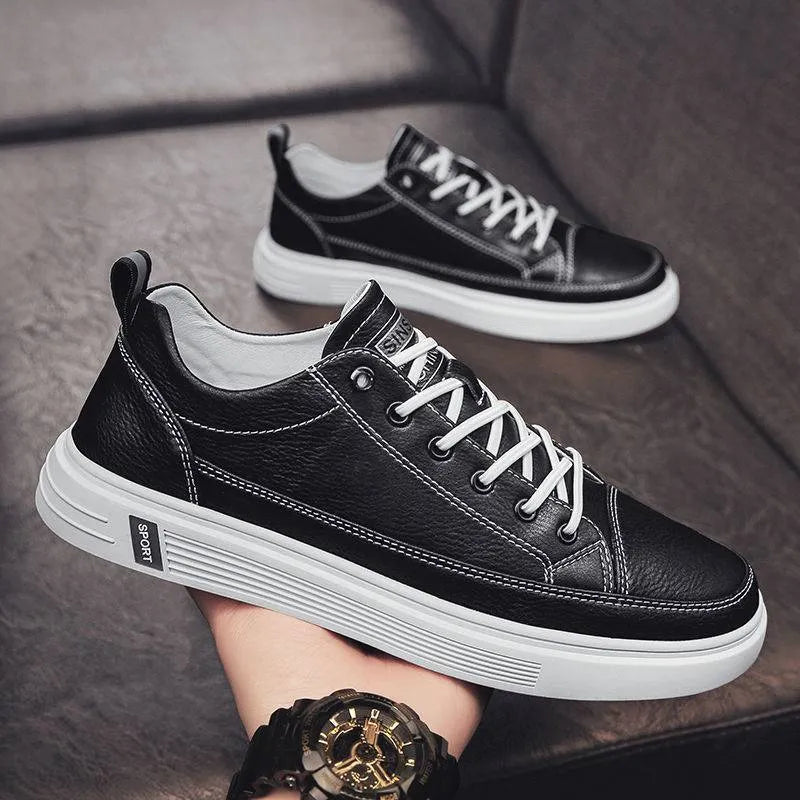 Men's Korean style casual shoes in beige with round toe and flat bottom sole