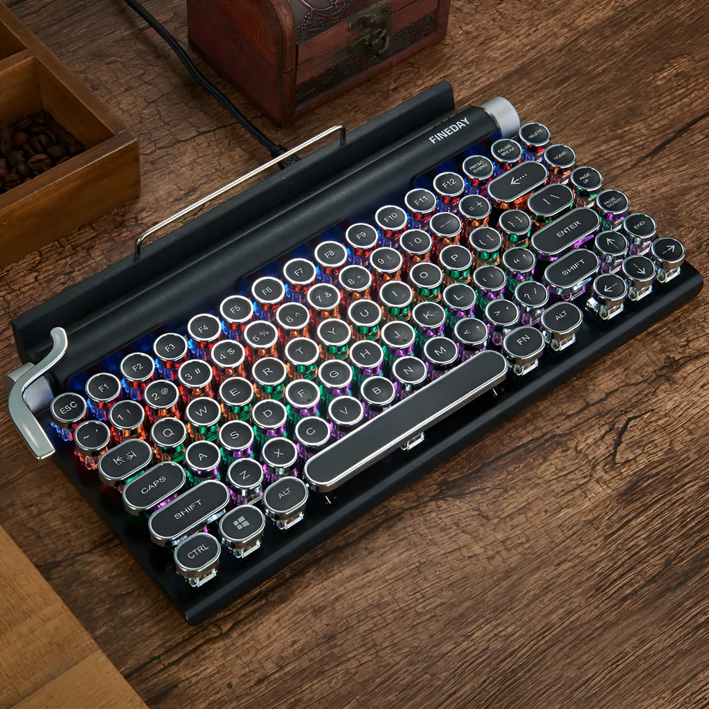 Black retro-style mechanical keyboard with Bluetooth, backlit keys, and metal case
