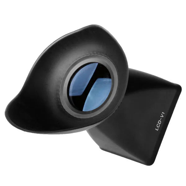 Black camera LCD viewfinder with magnetic mount for DSLR video shooting.