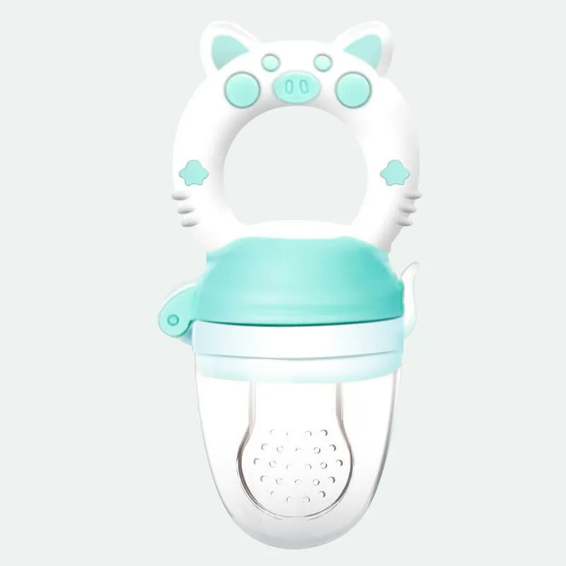 Silicone baby teether in blue, green or pink with single or triple mouthpiece designs for infant gum relief