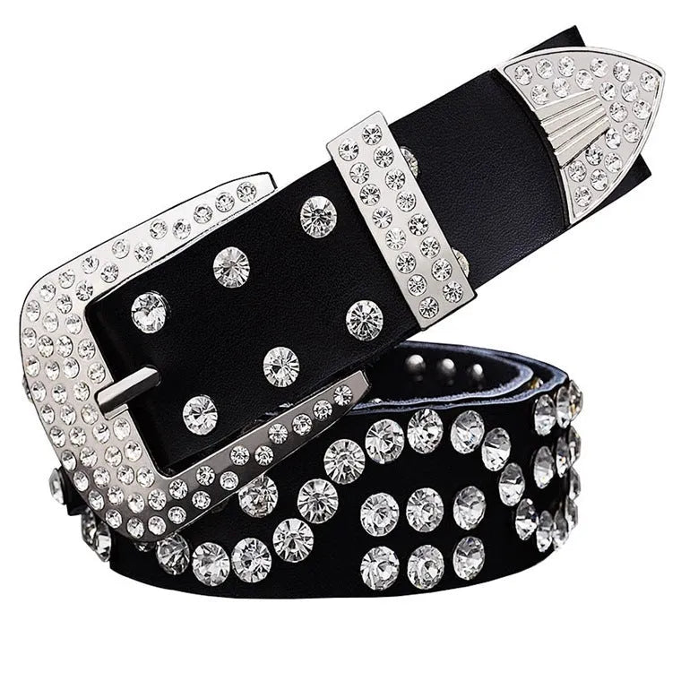 Leather ladies belt with diamond-studded cowhide pin buckle, alloy D-shape buckle, rhinestone mosaic, two-layer cowhide