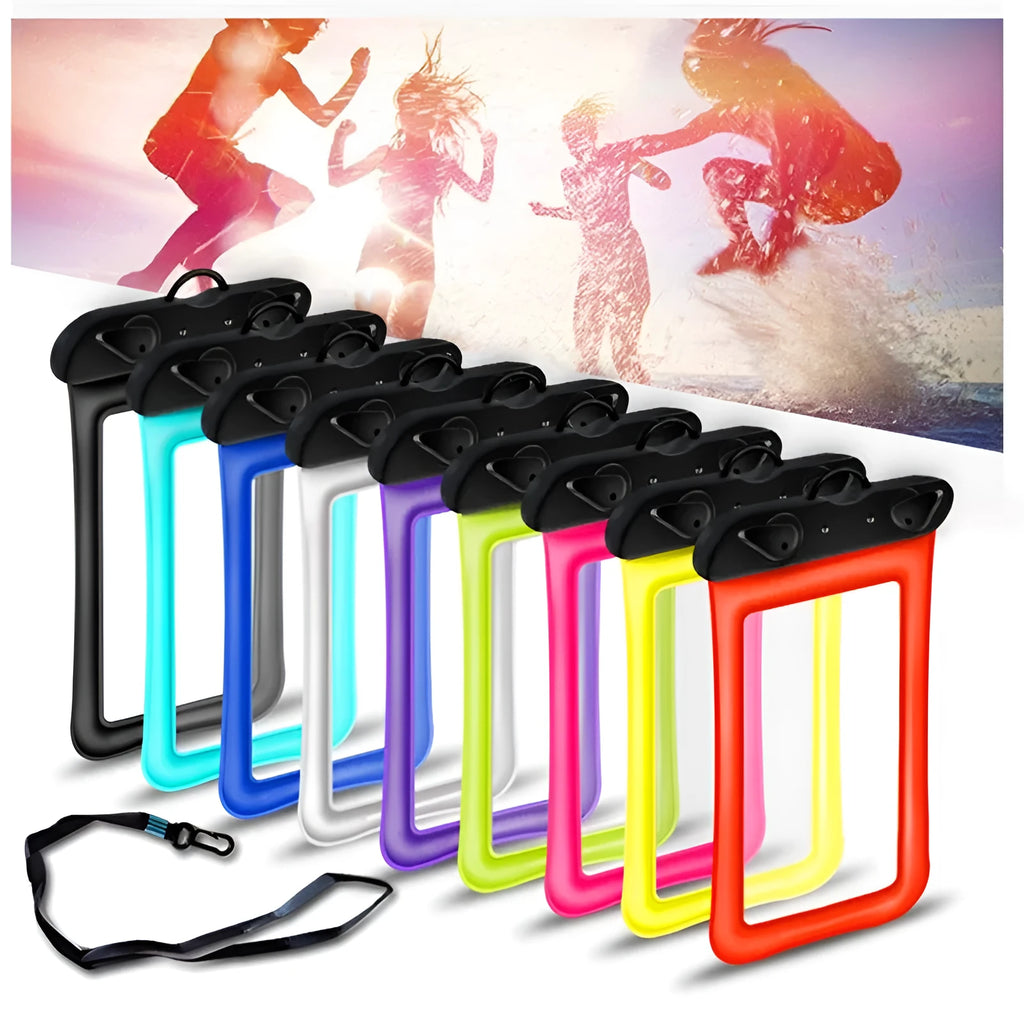Orange waterproof phone pouch with rope lanyard and double airbag design
