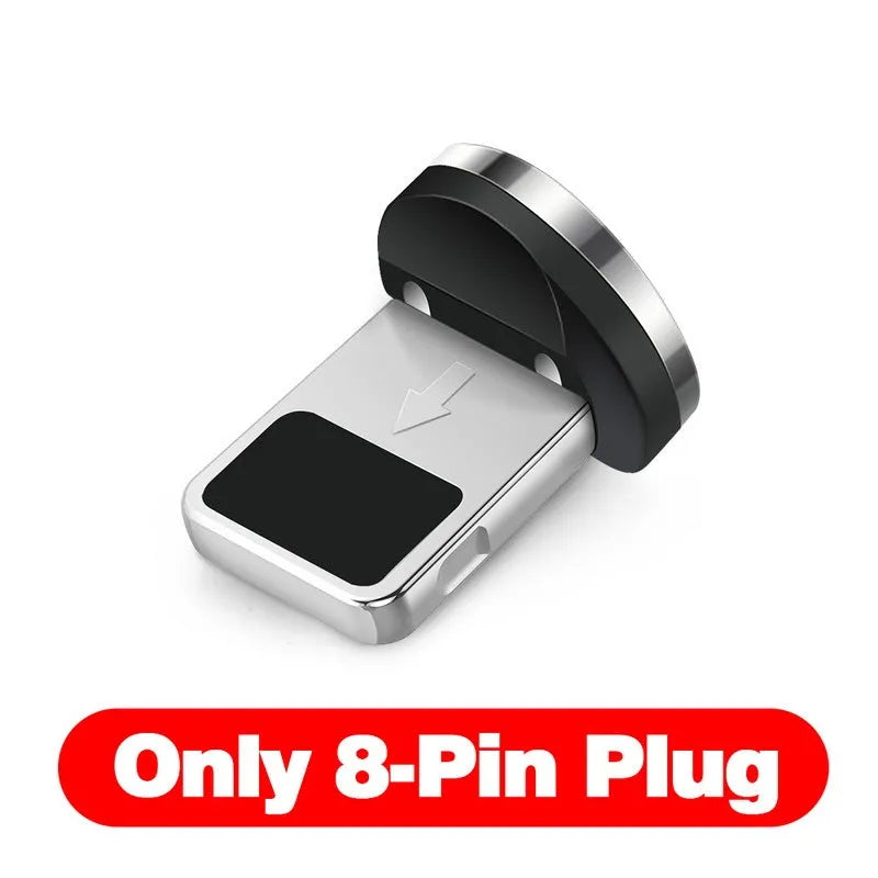 L-shape magnetic charging cable with aluminium housing in black, red, gold, or silver, showing Micro USB, Lightning and Type-C plug heads.