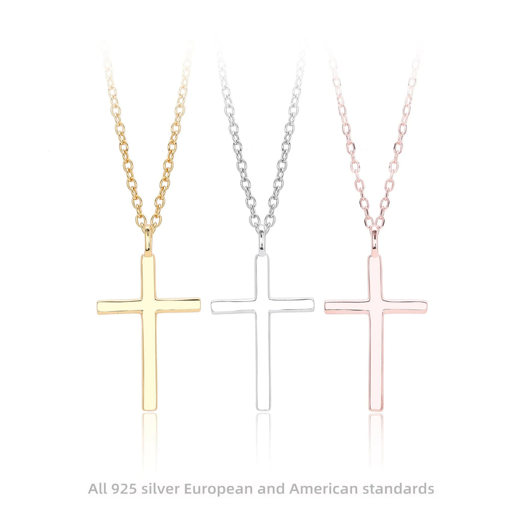 S925 sterling silver necklace with cross pendant on adjustable O-chain in gold, platinum, or rose gold finish