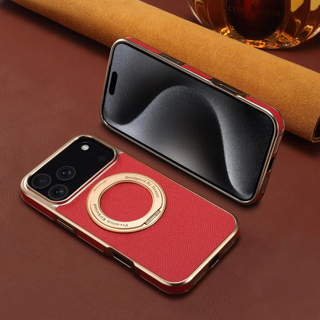 Denior genuine leather electroplating magnetic phone case with bracket for Apple iPhone
