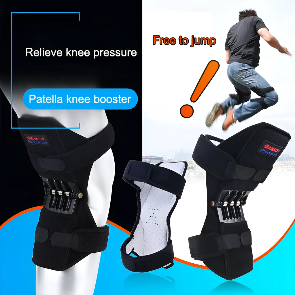 Black spring knee brace with adjustable straps on a grey background