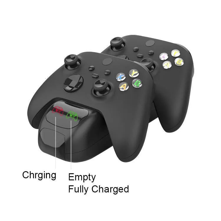 Black Xbox Series X dual controller wireless charging station with LED lights and Type-C cable.