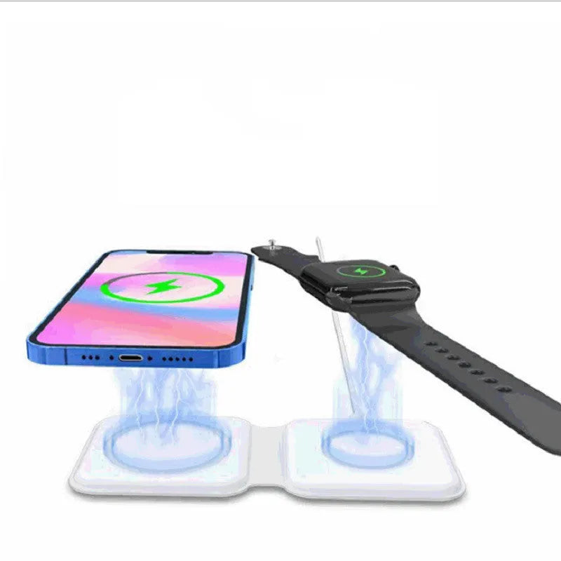 White foldable magnetic wireless charging dock showing dual charging surfaces and 180° folding mechanism