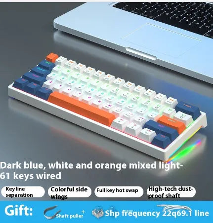 Bluish-black 61-key mechanical keyboard with hot-swappable switches on a desk