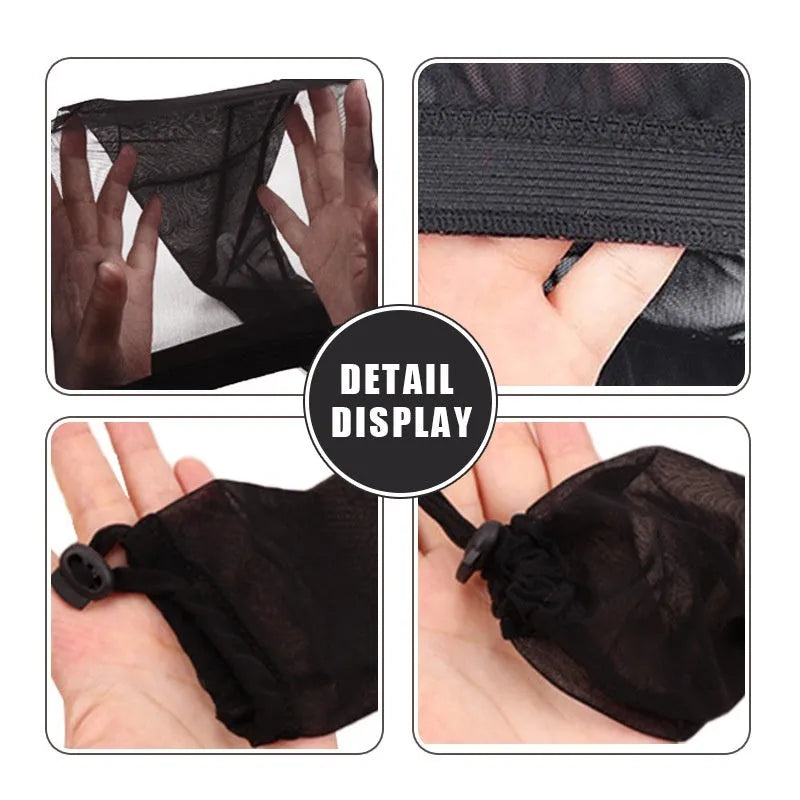Adjustable spandex mesh wig cap for long hair, shown in multiple colour options including black and leopard print.