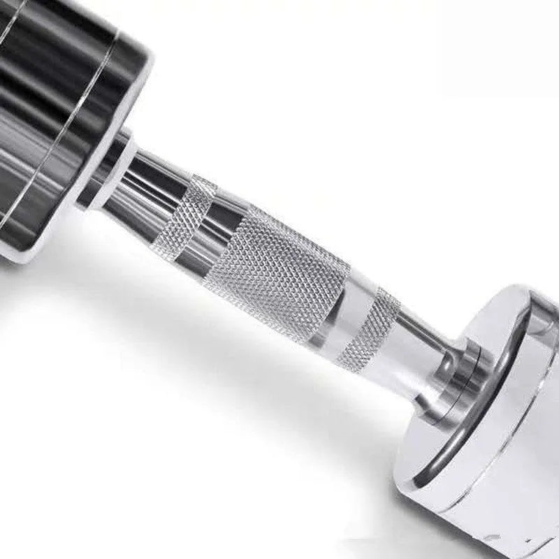 Silver pure steel electroplated dumbbell with ergonomic grip on a grey background.