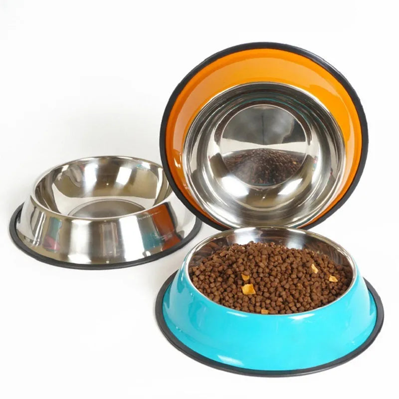 Stainless steel pet bowl with colourful melamine base in non-slip design
