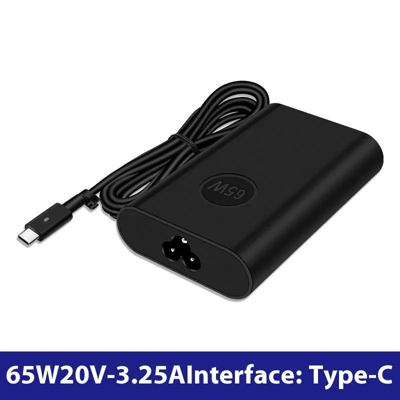 Black 65W Type-C laptop power adapter with six international power cords for worldwide charging