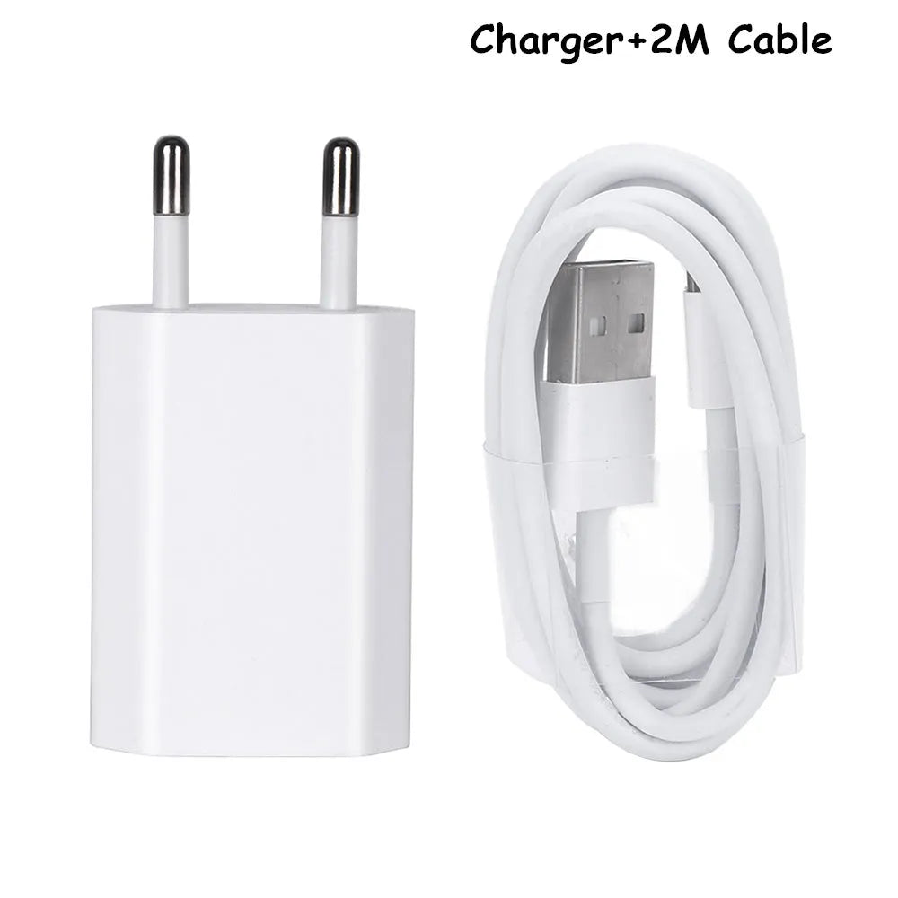 5V 2A USB travel charger compatible with iPhone and iPad models with charging cable