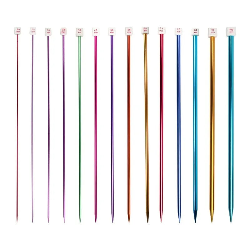 Set of lengthened crochet hooks with end caps displayed in sizes from 2.0mm to 10.0mm.