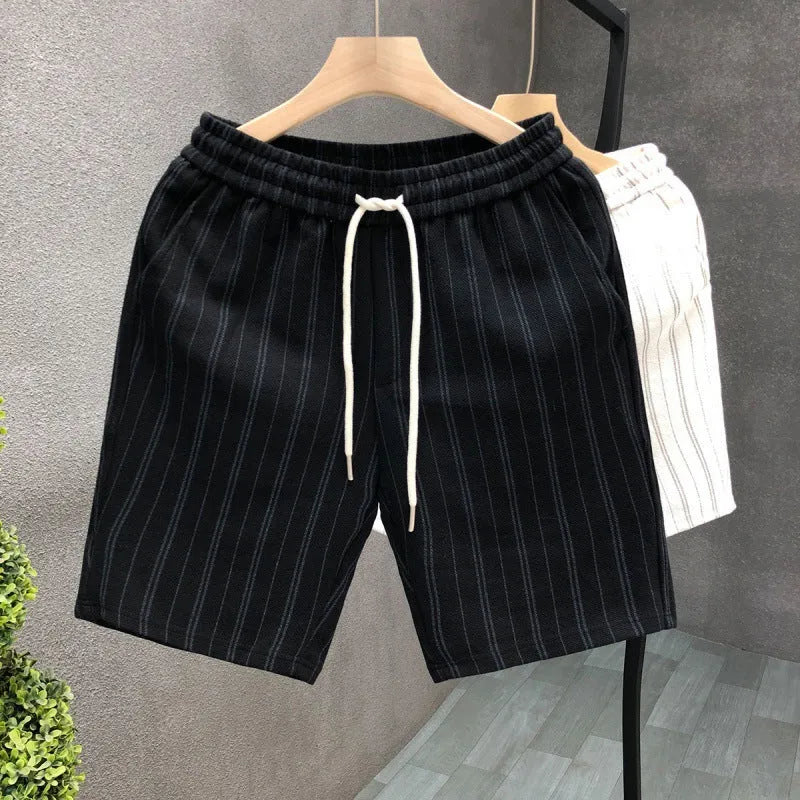 Men's black and white striped casual fleece-lined shorts with a double-layer waistband and straight leg.