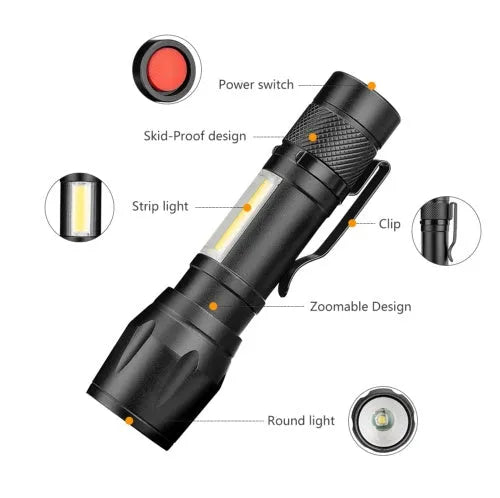 Black mini aluminium telescopic LED torch with pocket clip shown extended and retracted