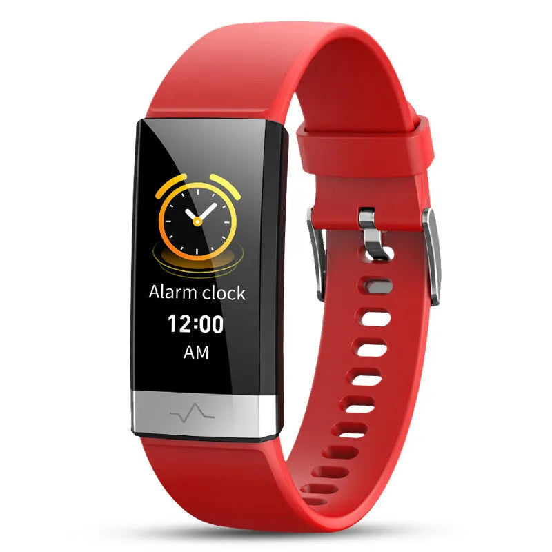 V19 smart fitness bracelet with colour screen on a wrist, shown in black, blue, and red colour options.