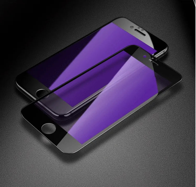 iPhone tempered glass screen protector with black carbon fibre soft edge and anti-fingerprint coating