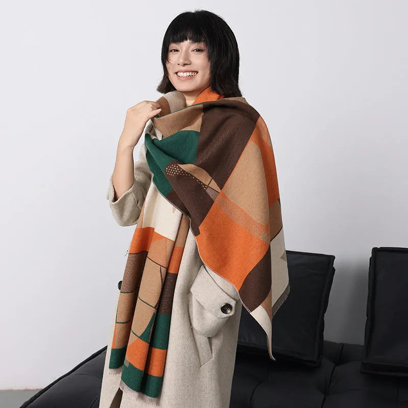 Long beige imitation cashmere scarf draped to show its 185cm length and European chic style.