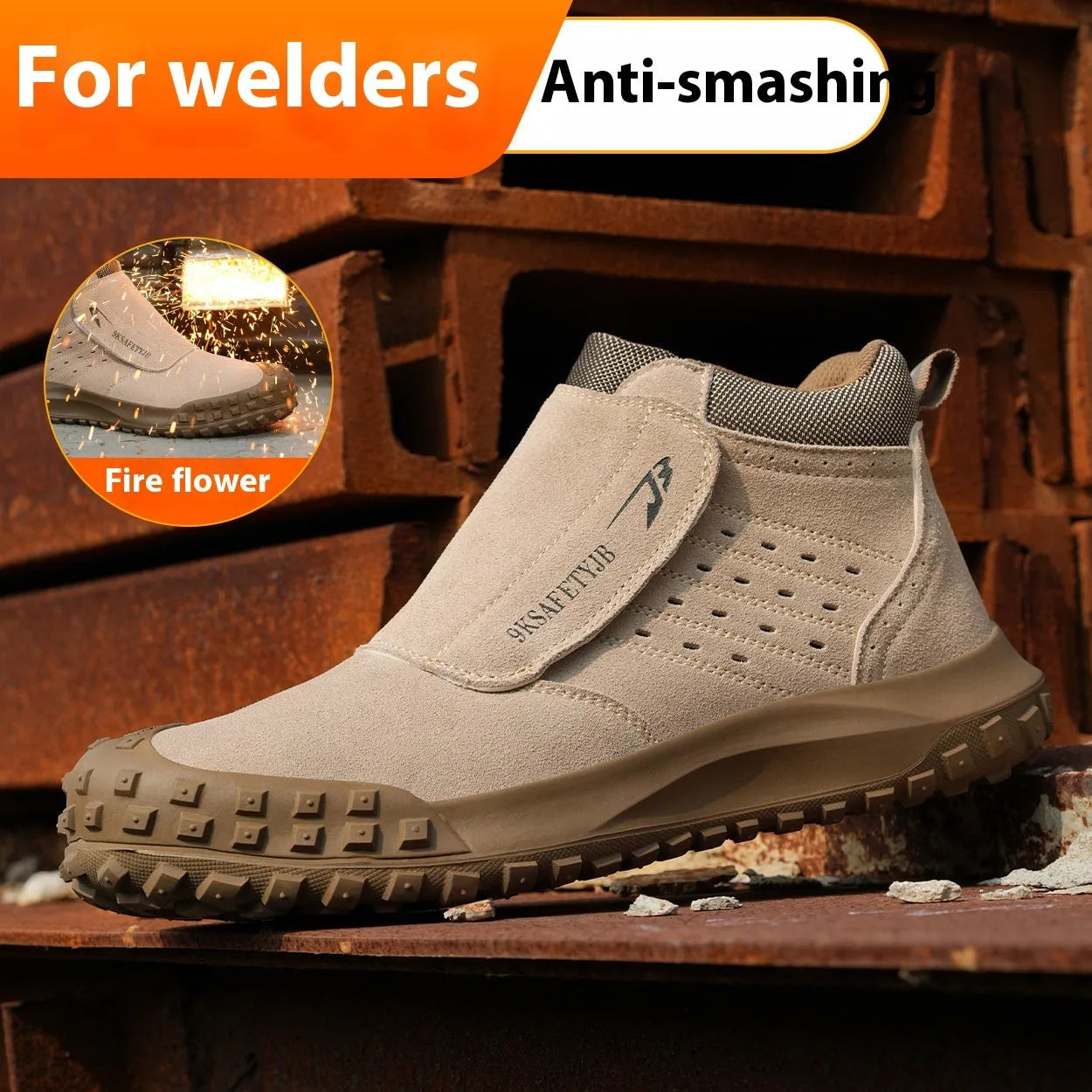 Lightweight welder safety shoes with steel toe cap in sand colour and grey, showing lace-up front and rubber sole.