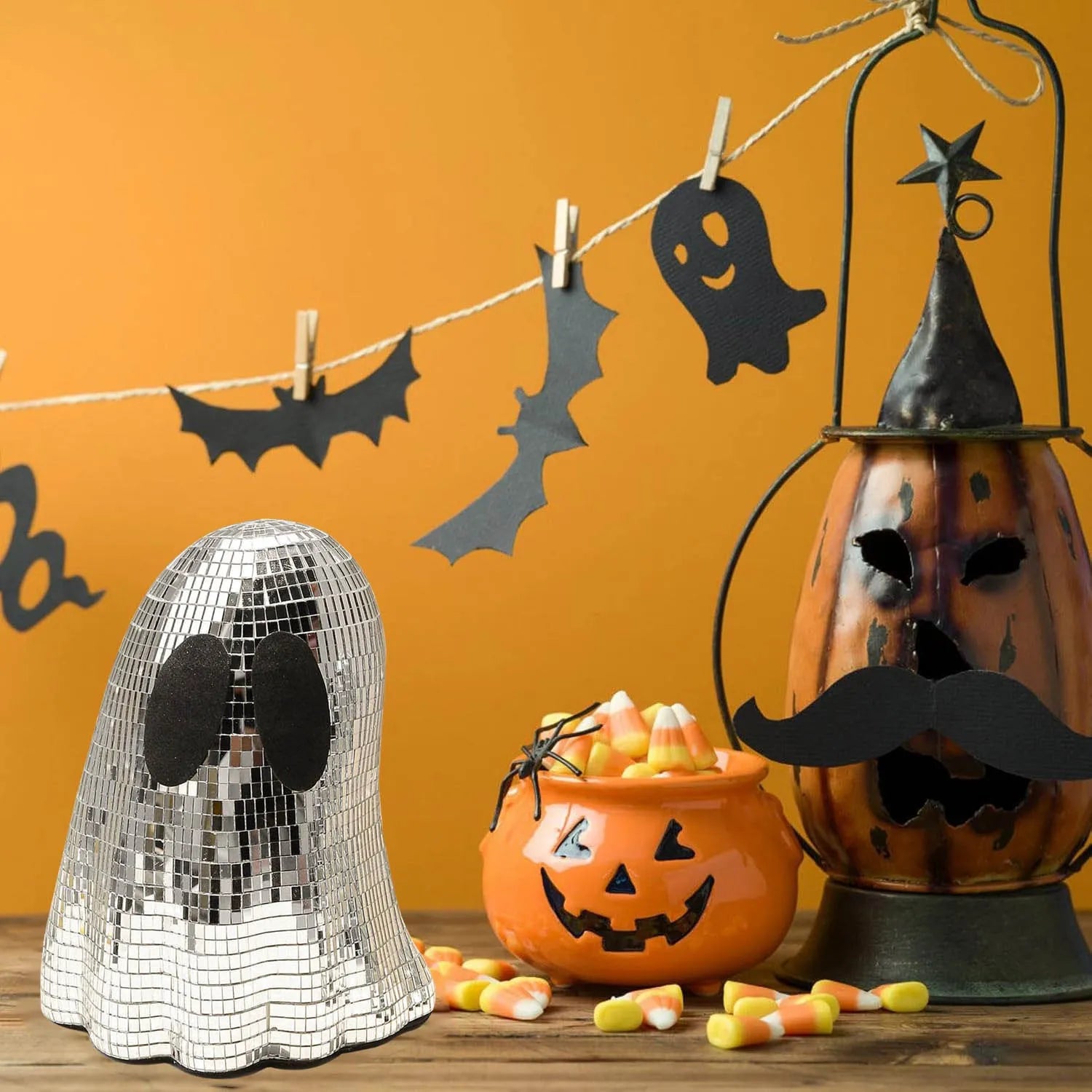 Silver glass ghost mosaic Halloween desktop decoration showing detailed inlay surface work