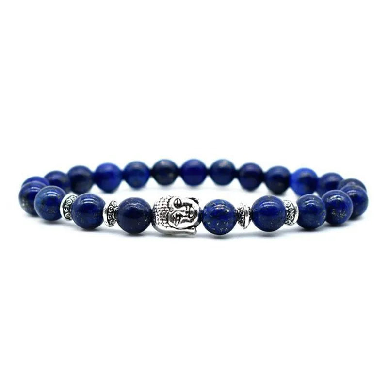 Buddha head bracelet with 19mm tiger eye stone and amethyst beads on wrist