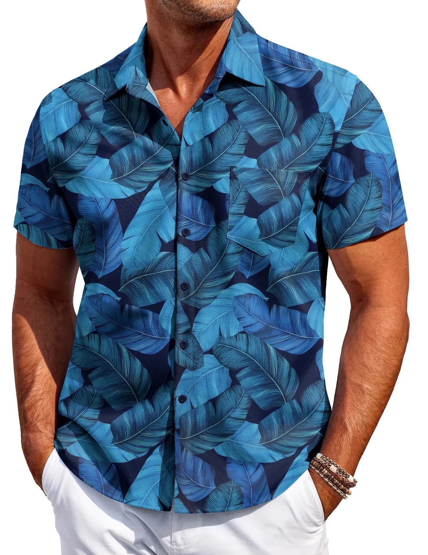 Man wearing a slim fit, short sleeve Hawaiian shirt with a cardigan style in a colourful digital print pattern.