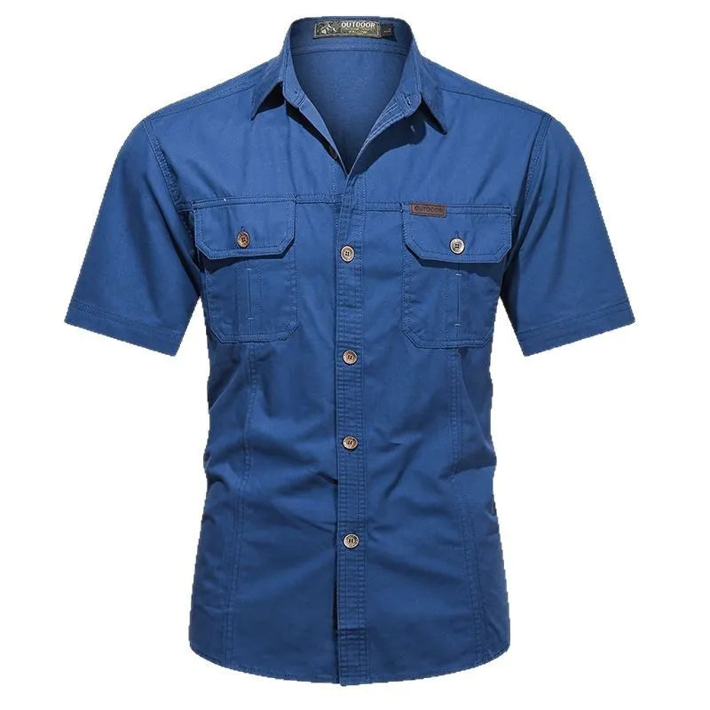 Men's short sleeve cotton work shirt in loose fit cardigan style with non-ironing treatment