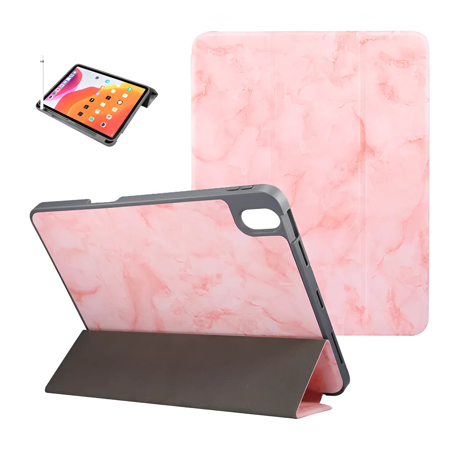Tri-fold imitation leather iPad case in dark grey, shown open with a stylus in the integrated pen slot.