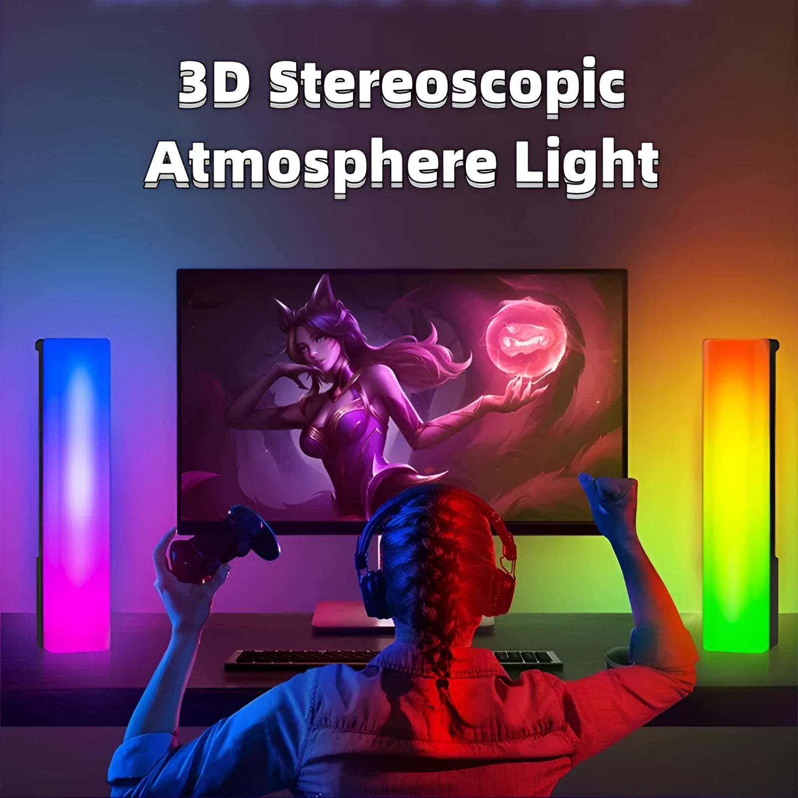 3D RGB tabletop ambiance lamp with voice activation and music sync lighting modes.