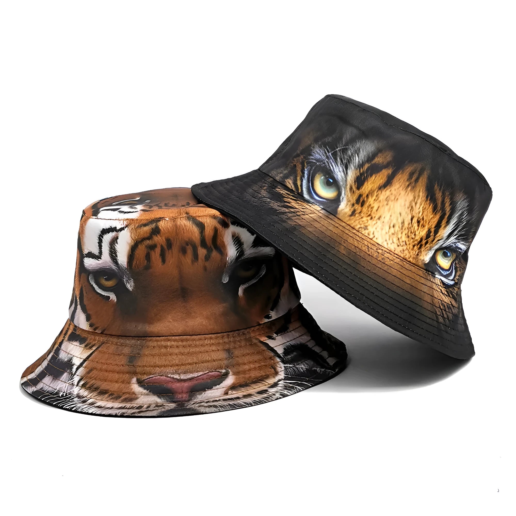 Tiger pattern bucket hat in khaki or black colour with dome crown, M size fits 56-58cm