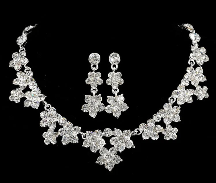 Korean crystal necklace and earrings bridal set in four colour variants