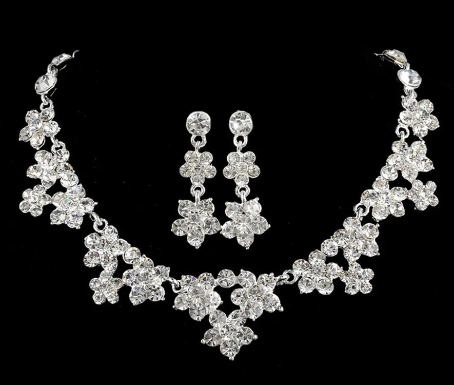 Korean crystal necklace and earrings bridal set in four colour variants