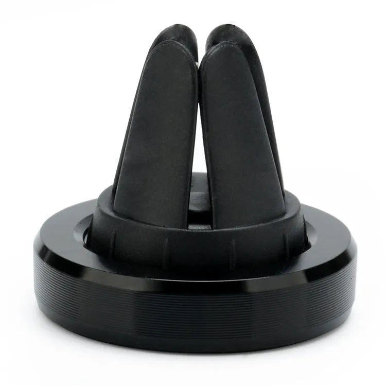 Magnetic car phone holder attached to a vehicle air vent, showing phone mounted and 360-degree rotation.