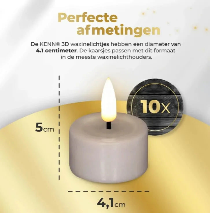 S10 3D flame LED tealight candles in taupe colour showing dimensions