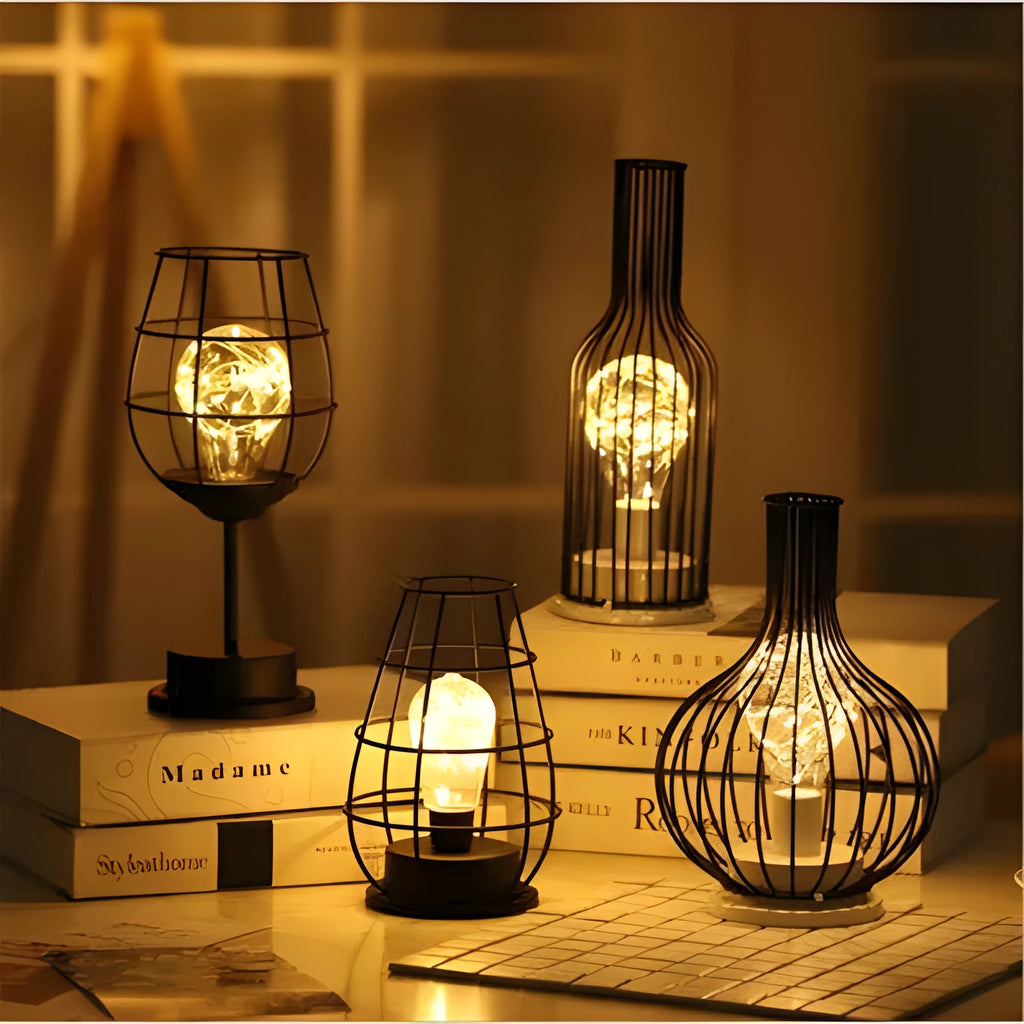 Decorative wrought iron table lamp in wine bottle shape with warm white LED lighting