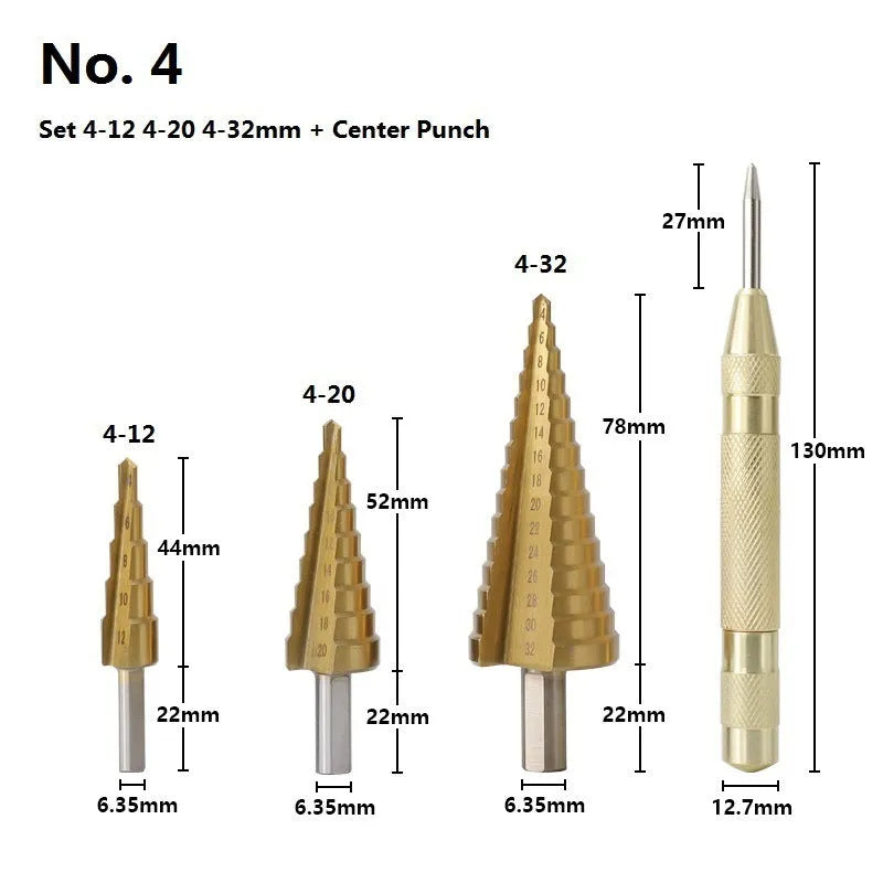 High speed steel step drill bit set with centre punch showing multiple hole sizes from 3mm to 32mm