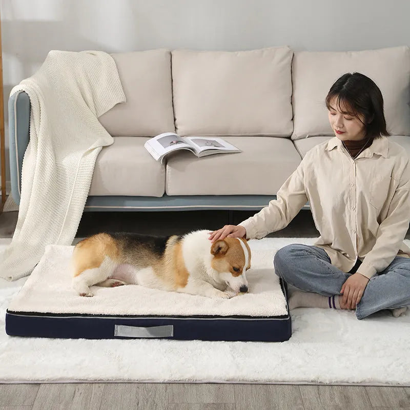Brown removable cover memory foam dog mat showing size options
